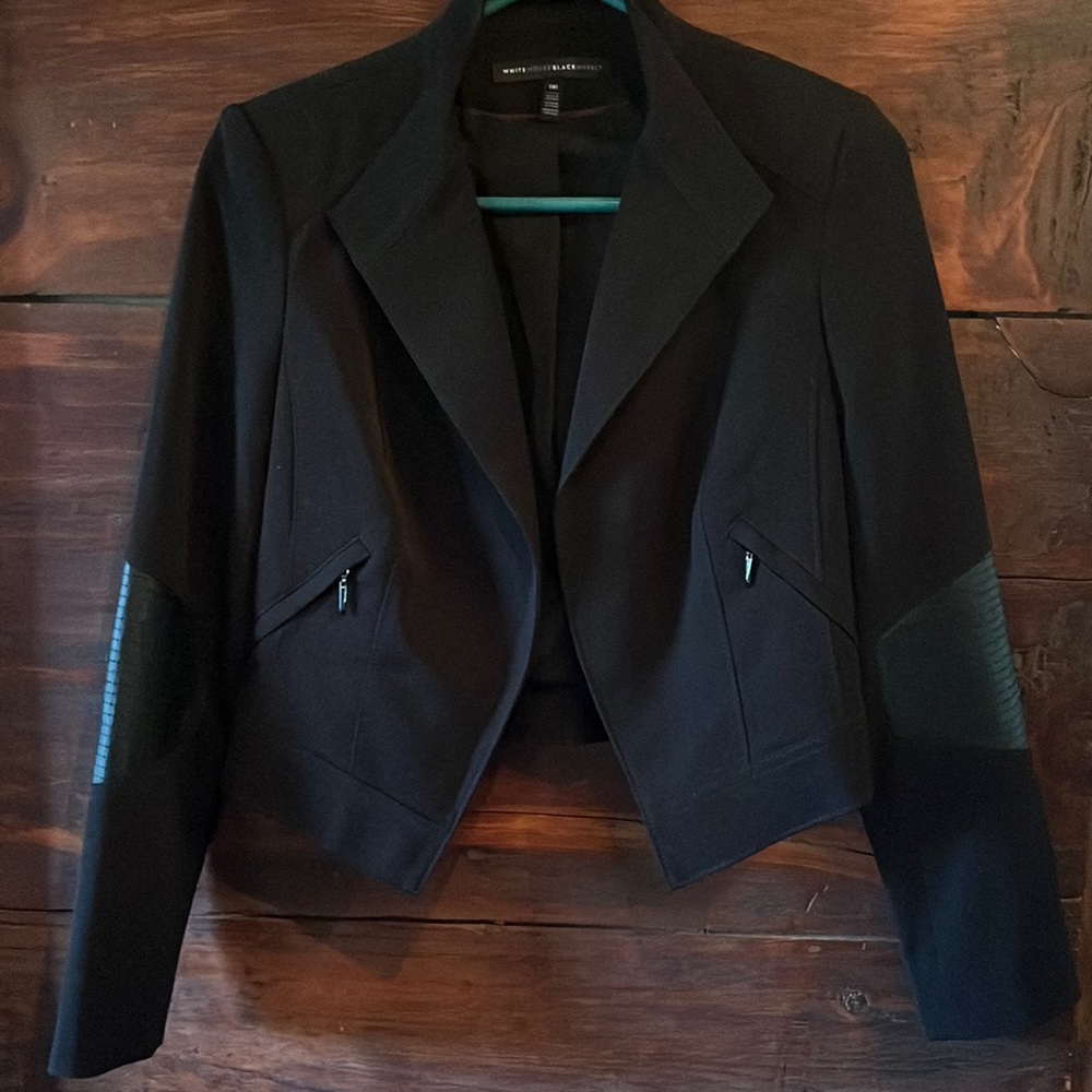 WHBM black cropped blazer with leather detail